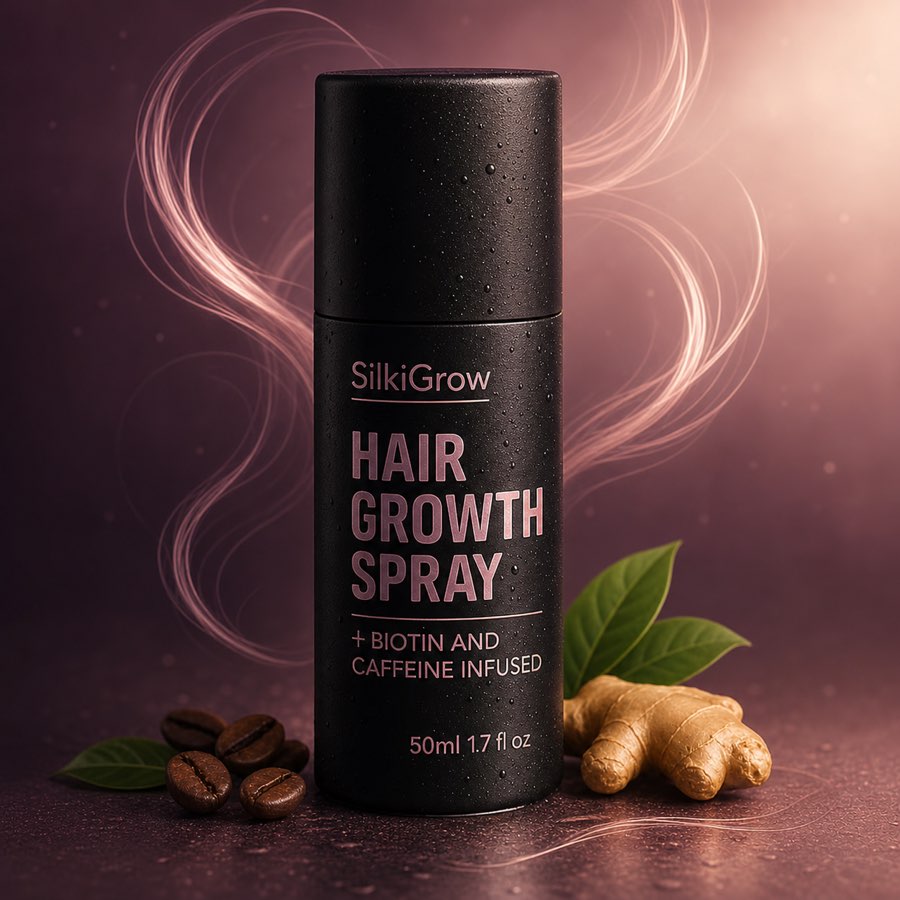 SilkiGrow Hair Growth Spray with ginger, coffee and botanical leaves
